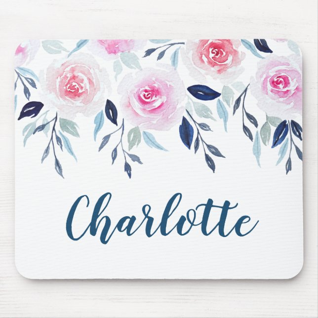 Tapis De Souris Floral rose Roses Aquarelle Nom personnalisé (Devant)