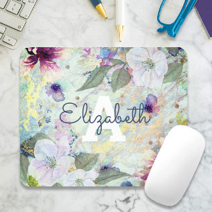 Tapis De Souris Floral vert or aquarelle nom monogramme vintage
