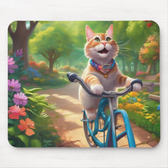 Tapis De Souris Florales colorées avec chat sur la souris à vélo (Devant)