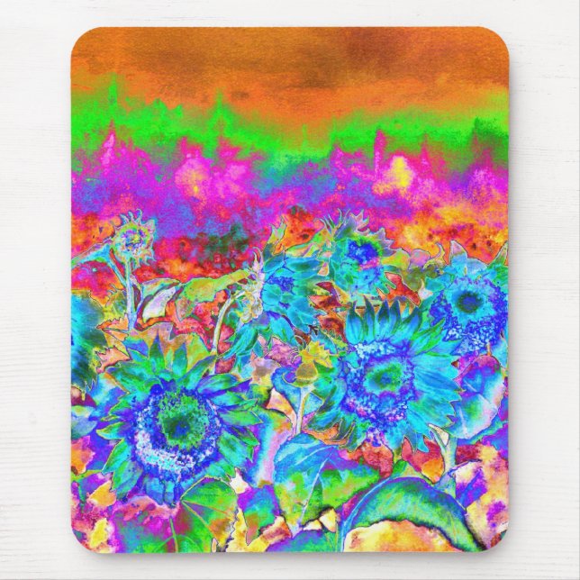 Tapis De Souris Floraux turquoises bleu rétro champs de tournesol  (Devant)