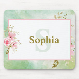 Tapis De Souris Flore verte personnalisée avec nom et monogramme