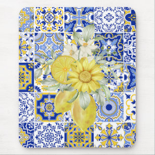 Tapis De Souris Flores de mosaïque en bleu et jaune