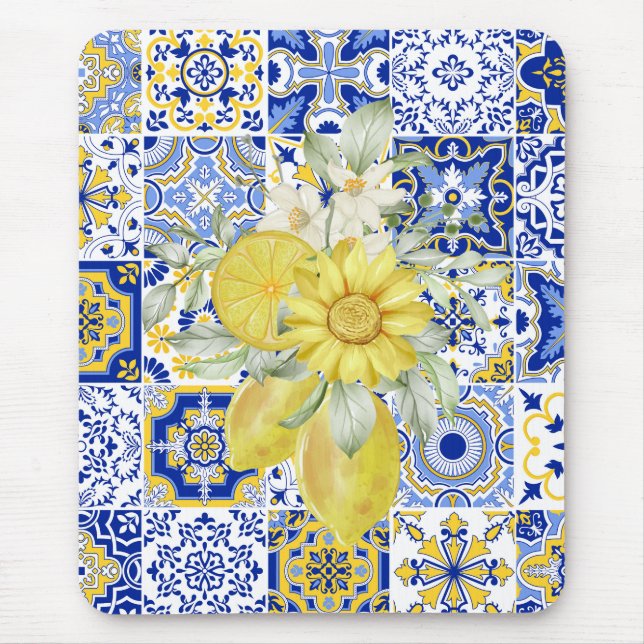 Tapis De Souris Flores de mosaïque en bleu et jaune (Devant)