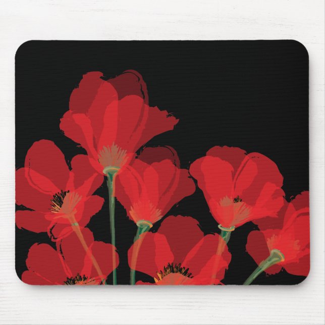 Tapis De Souris Flueurs de Pavot Rouge sur Noir (Devant)