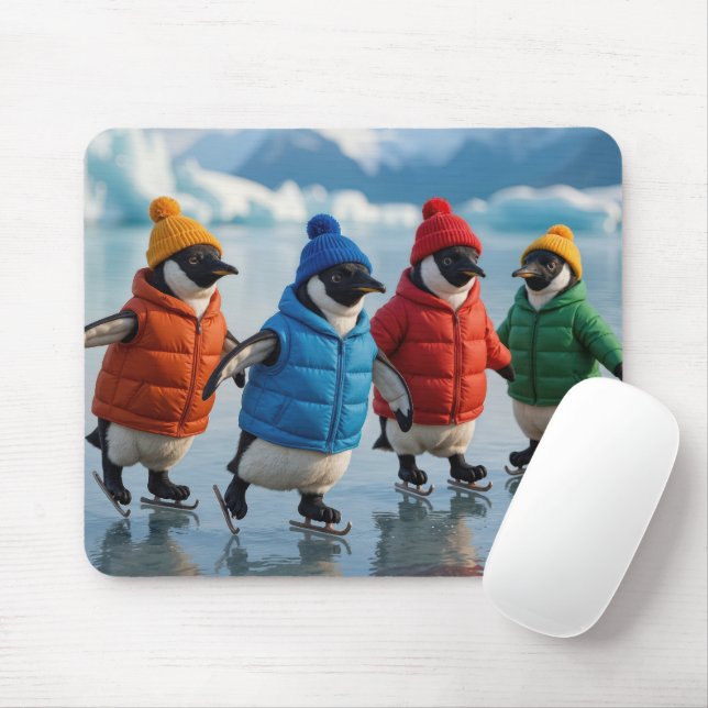 Tapis De Souris Four Penguins Ice Skating On Arctic Lake (Avec souris)