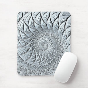 Tapis De Souris Fractale en spirale monochrome gris clair abstrait