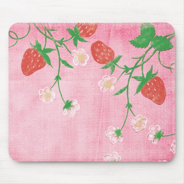 Tapis De Souris Fraise et Fleurs sur rose (Devant)
