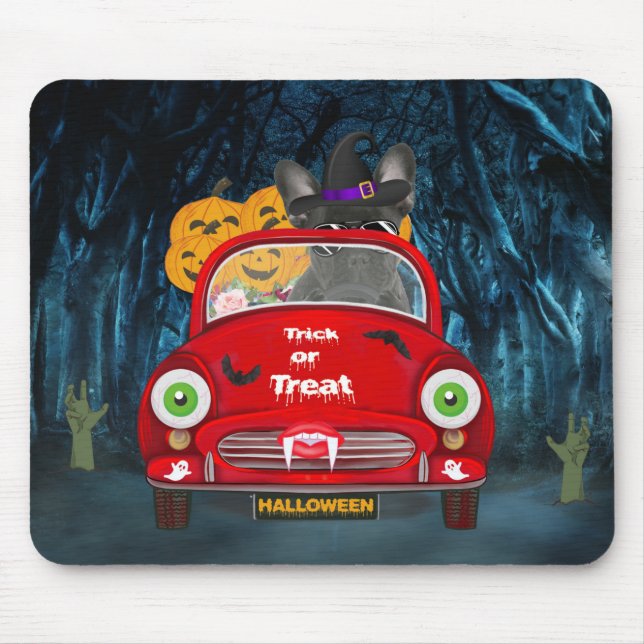 Tapis De Souris Français Bulldog Driving Car Effrayant Halloween (Devant)