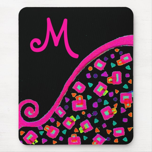TAPIS DE SOURIS FUCHSIE ROSE NOIR DÉCO MONOGRAM ABSTRAIT (Devant)
