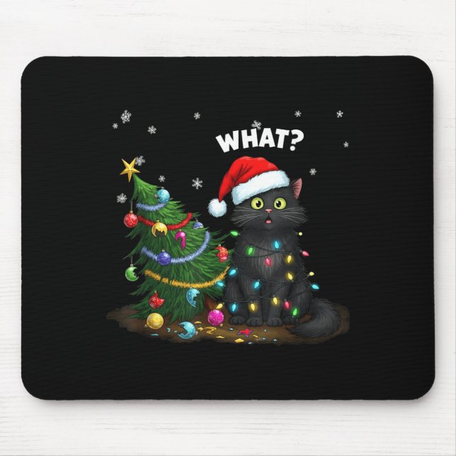 Tapis De Souris Funny Black Cat Pushing Christmas Tree  (Devant)