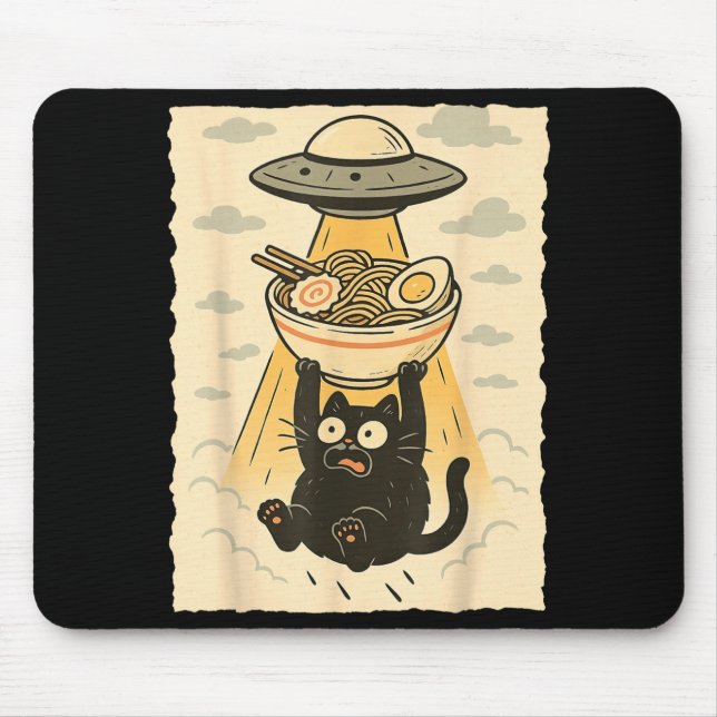 Tapis De Souris Funny Black Cat Ufo Ramen Alien Abduction Graphic  (Devant)