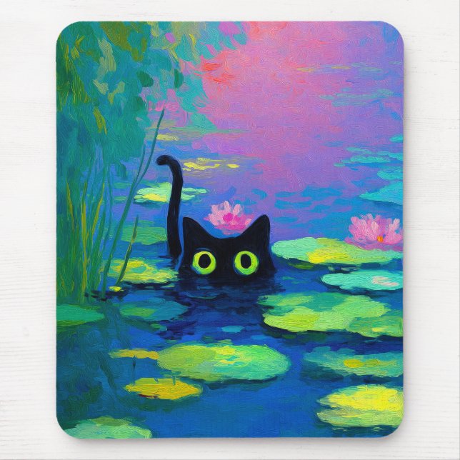 Tapis De Souris Funny Chat noir nager dans l'étang | L'art bizarre (Devant)
