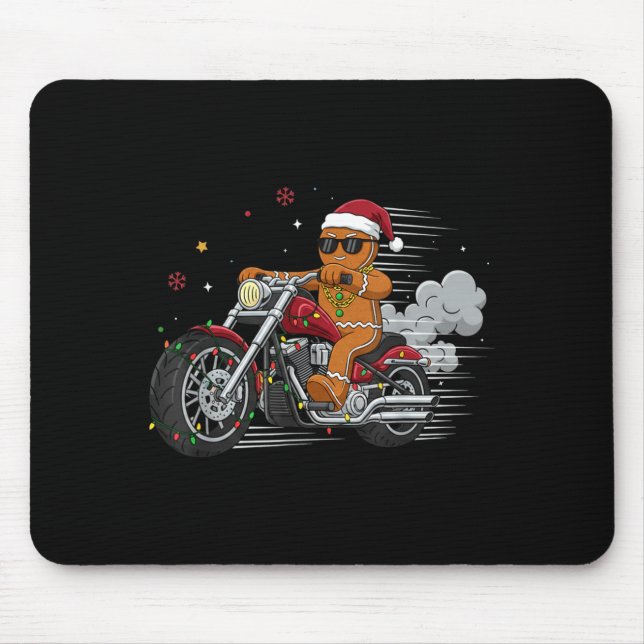 Tapis De Souris Funny Christmas Gingerbread Man Biker Riding A Mot (Devant)