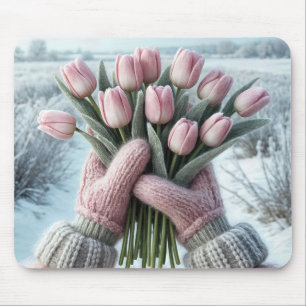 Tapis De Souris Gants roses tenant un bouquet de tulipe