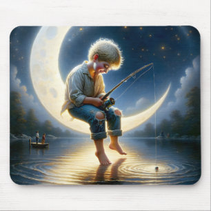 Tapis De Souris Garçon pêchant depuis un croissant de lune