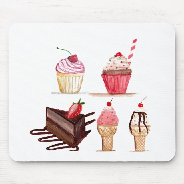 Tapis De Souris Gâteaux Aquarelle Boulangerie sucreries Cupcakes P (Devant)