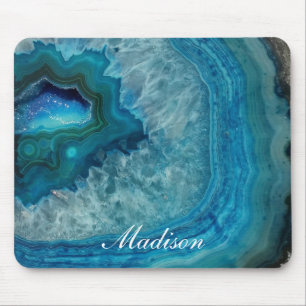 Tapis De Souris Géode d'agate bleu turquoise Monogramme Nom