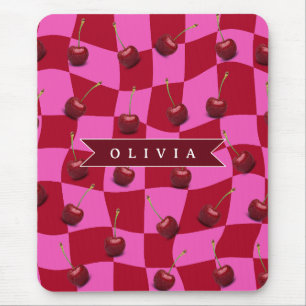 Tapis De Souris Gingham Cerise Personnalisé Rétro Nom Personnalisé