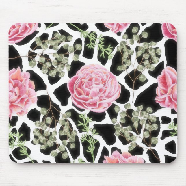 Tapis De Souris Giraffe Imprimé noir et blanc avec des roses roses (Devant)