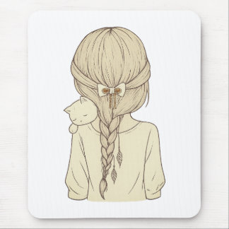 Tapis De Souris Girl with Braid and Cat Illustration – Soft Pastel