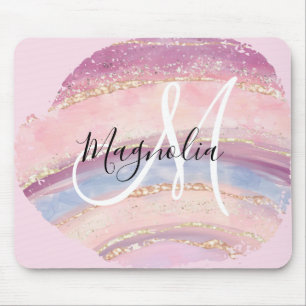 Tapis De Souris Glam Or Rose Bleu Monogramme Coup de Pinceau