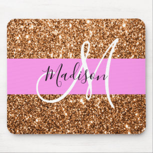 Tapis De Souris Glamour Rose & Cuivre Paillettes Monogramme Nom