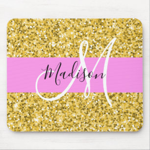 Tapis De Souris Glamour Rose et Or Paillettes Monogramme Nom