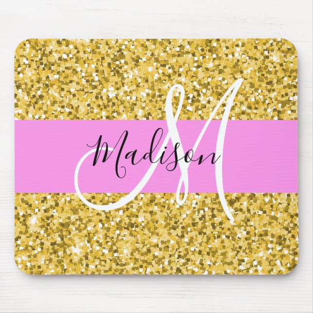 Tapis De Souris Glamour Rose et Or Paillettes Monogramme Nom (Devant)