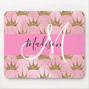 Tapis De Souris Glamour Rose & Or Paillettes Couronnes Monogramme