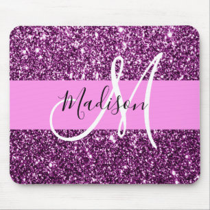 Tapis De Souris Glamour Rose & Violet Paillettes Monogramme Nom