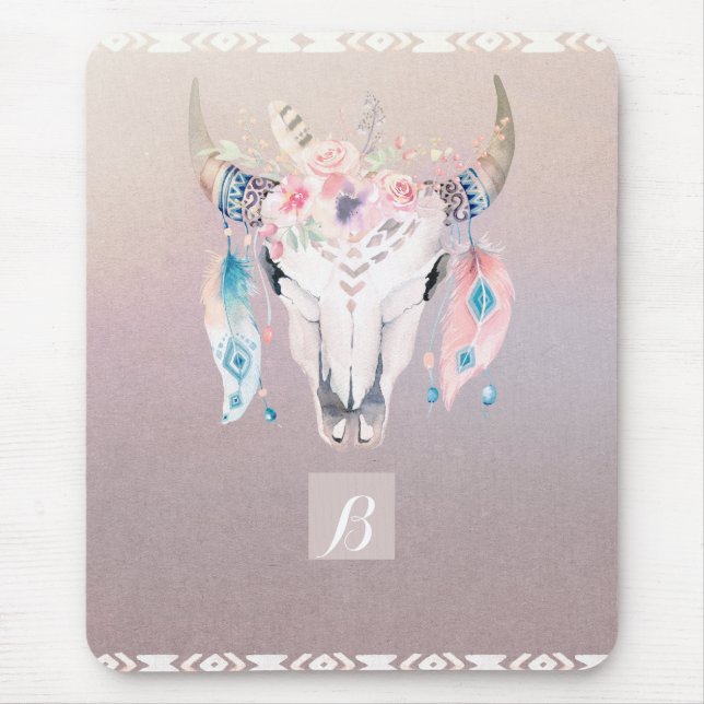 Tapis De Souris Glamour Rustique Bohème Floral Crâne de Vache Irid (Devant)