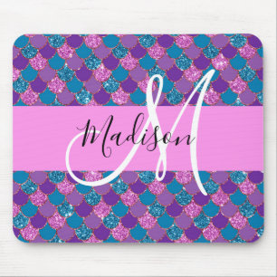 Tapis De Souris Glamour Violet Sirène Paillettes Monogramme Nom
