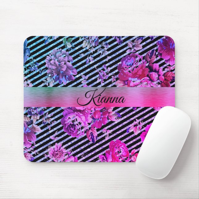 Tapis De Souris Glitterie rose chaud et Turquoise Floral (Avec souris)