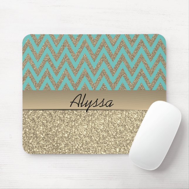 Tapis De Souris Glittery Gold et Blue Chevron (Avec souris)