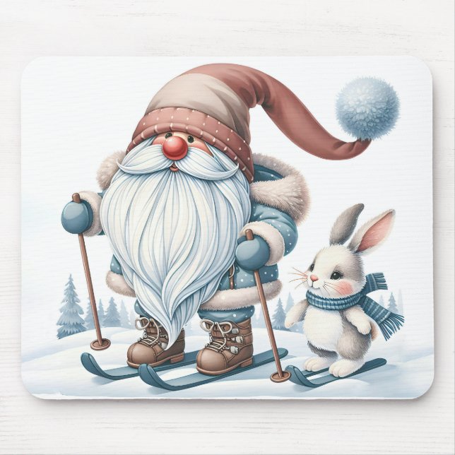 Tapis De Souris Gnome Ski avec un lapin (Devant)