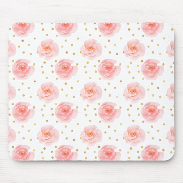 Tapis De Souris Gold Confetti Roses d'aquarelle rose (Devant)