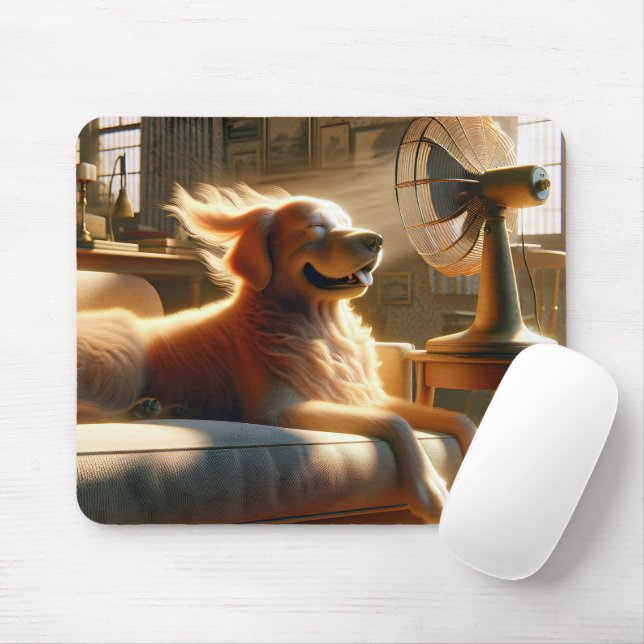Tapis De Souris Golden Retriever assis devant le ventilateur (Avec souris)