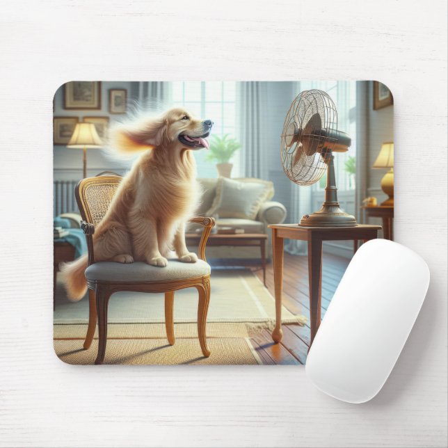 Tapis De Souris Golden Retriever assis devant le ventilateur (Avec souris)