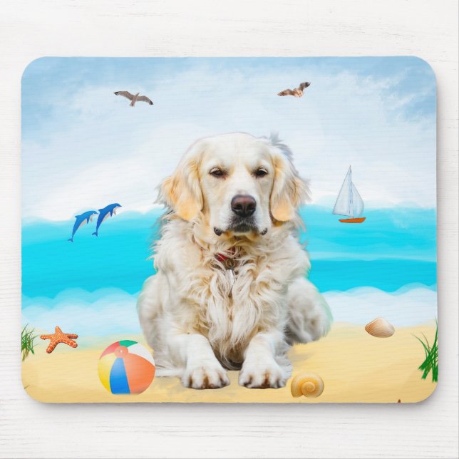 Tapis De Souris Golden Retriever Dog sur la plage (Devant)