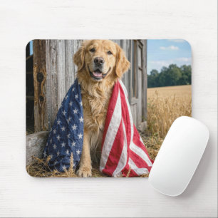 Tapis De Souris Golden Retriever drapé dans un drapeau américain
