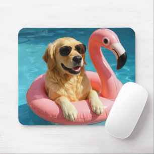Tapis De Souris Golden Retriever Flottant Avec Flamant Rose