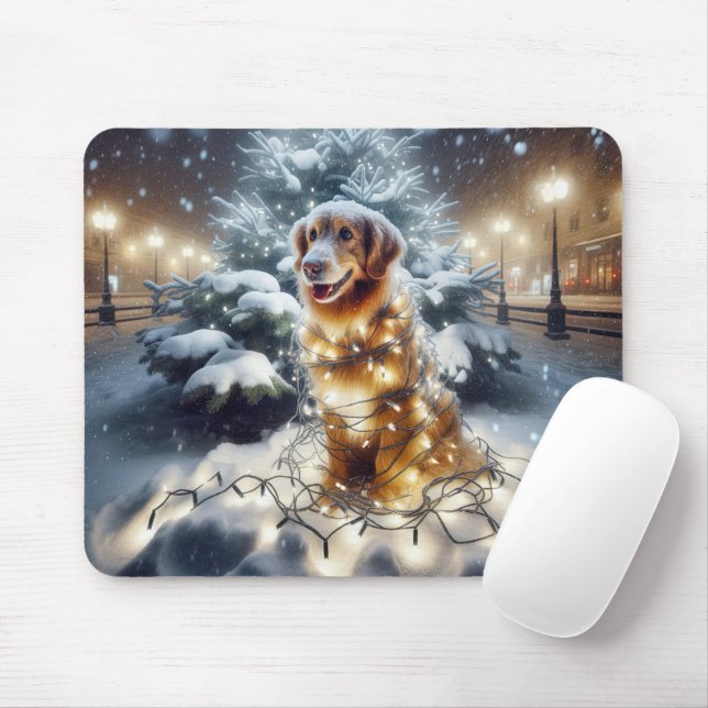 Tapis De Souris Golden Retriever Tangé Dans Les Lumières De Noël (Avec souris)
