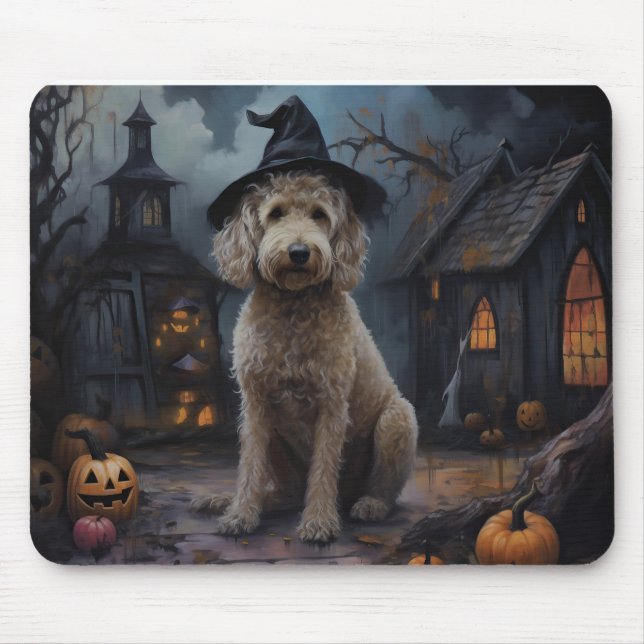 Tapis De Souris Goldendoodle Citrouille Halloween effrayant (Devant)
