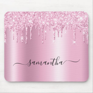 Tapis De Souris Gouttes de Paillettes Rose Clair Brillant Glam Nom