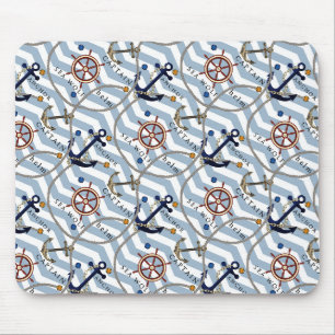 Tapis De Souris Gouvernail d'ancre nautique bleu blanc rayure zigz