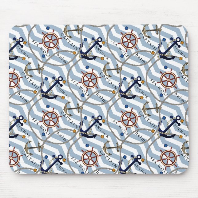 Tapis De Souris Gouvernail d'ancre nautique bleu blanc rayure zigz (Devant)