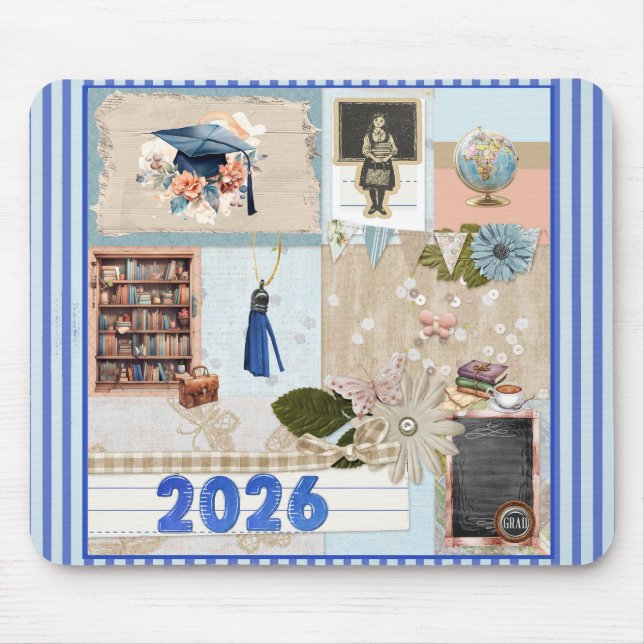 Tapis De Souris Graduation 2026 Girl in Old School, Blue (Devant)