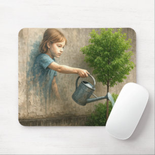 Tapis De Souris Graffiti fille arroser un arbre urbain