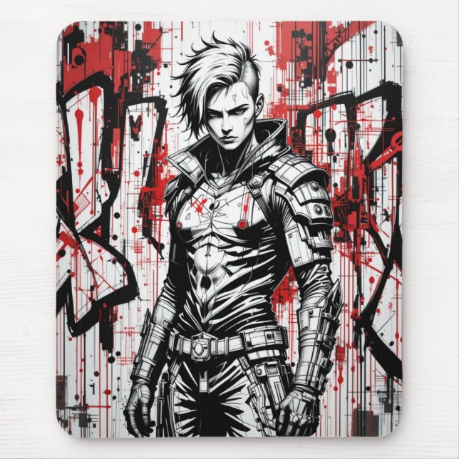 Tapis De Souris Graffiti guerrier Cyberpunk Mousepad - Rouge, Noir (Devant)