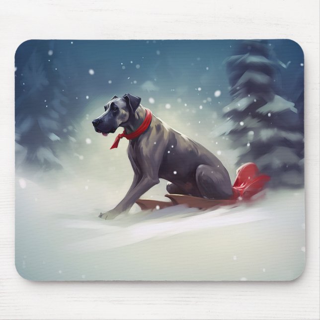 Tapis De Souris Grand Dane Noël hiver neige (Devant)